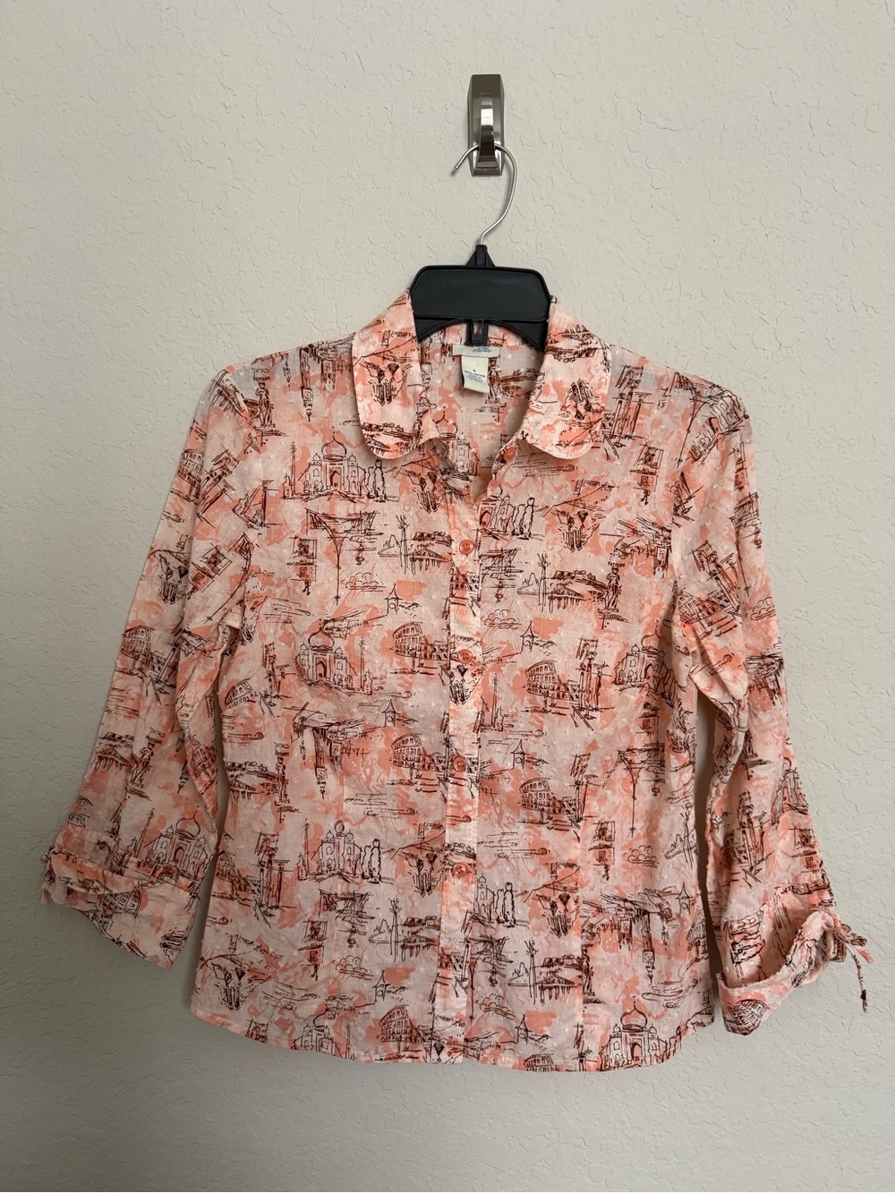 Anthropologie Odille City Print Button Up Top Size 6 Cotton Artsy Preppy Boho